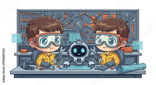 Two young scientists assembling a robot together.