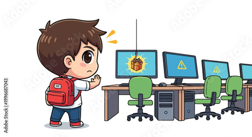 Young Boy Student With Red Backpack.