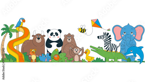 Canvas Print Colorful cartoon animals playing together in a bright jungle background Vector
