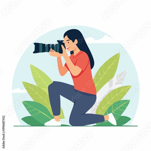 Woman photographer kneeling and taking a picture with a professional camera