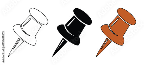 Push pin vector icon set, office thumbtack symbols in outline and solid styles, stationery map pins for notice boards and business reminders