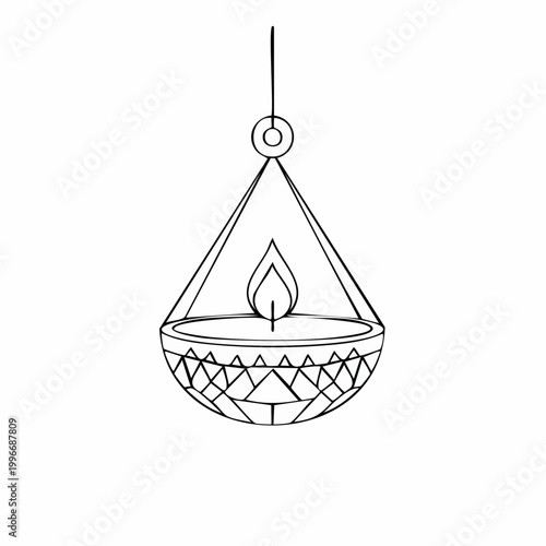 Hand-drawn illustration of a hanging oil lamp with a flame