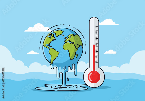 A cartoon globe melts next to rising thermometer