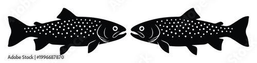 Vintage trout fish silhouettes, black and white salmon vector illustration, rustic woodcut style trout graphics for fishing lodge branding and seafood menus