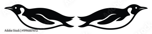 Minimalist penguin vector silhouettes, black and white emperor penguin swimming icons, symmetrical arctic bird graphic elements for logo design