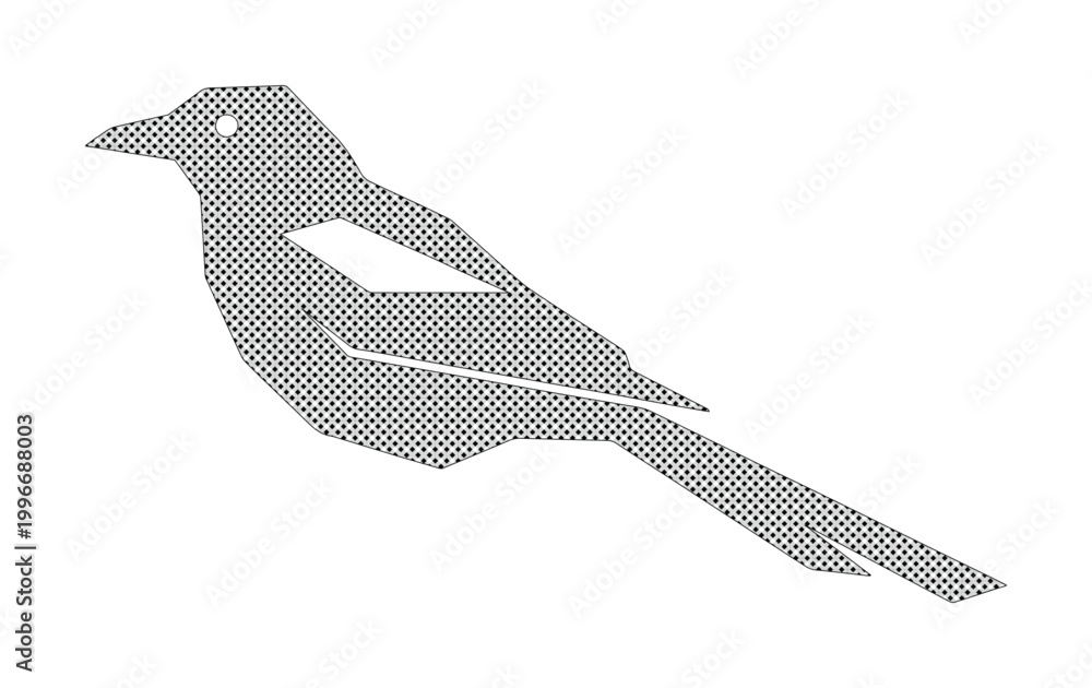 Fototapeta premium Minimalist bird silhouette vector, geometric magpie or crow icon with halftone pattern texture, modern avian graphic element for logo design