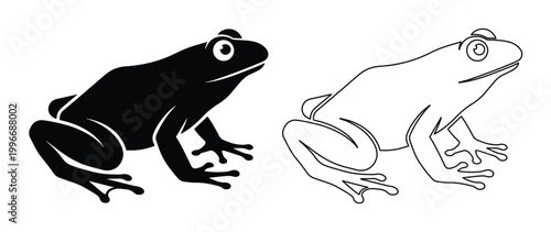 Foto Minimalist frog vector icons, black silhouette and thin line art toad illustrati