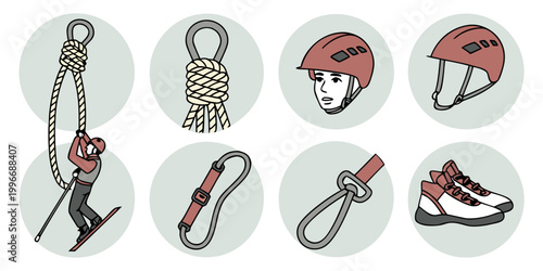 Bild auf Leinwand Rock climbing equipment and climber icon set with climbing mountaineering carabi