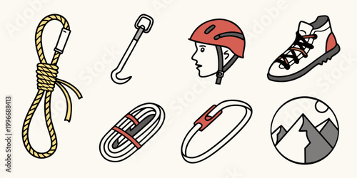 Photos Rock climbing equipment and mountain icon set with climbing mountaineering carab