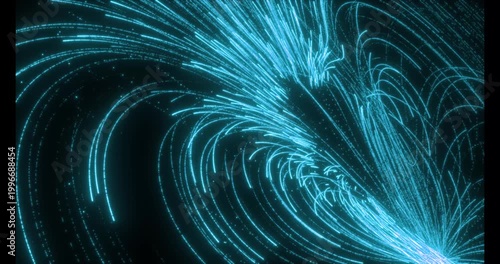 A multitude of luminous particles move rapidly along swirling trajectories, forming dynamic light streams. Dense tracks intertwine in an endless rotation, creating the effect of high-speed data transm