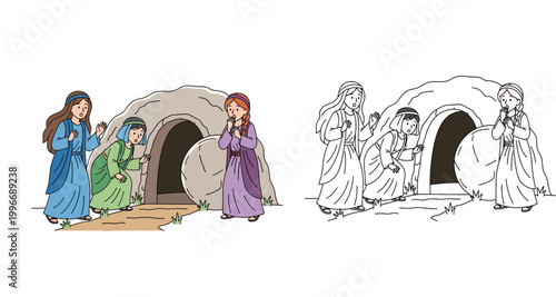 Resurrection of Jesus Empty Tomb Illustration with Three Women, Set of Colored and Line Art Drawing for Coloring Book, Biblical Easter Story Scene Vector