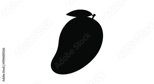 A striking black silhouette of a ripe mango with a distinctive stem silhouette