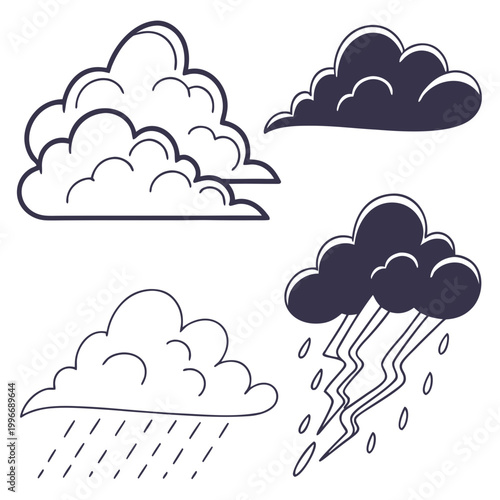 Schilderij op canvas Set of hand drawn doodle weather icons including rain and lightning with lightni
