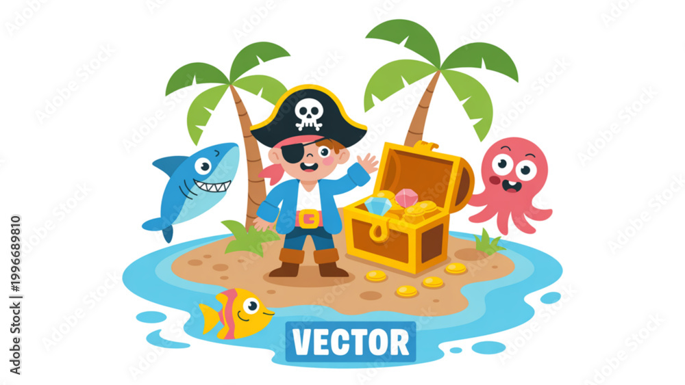 Obraz premium Happy cartoon characters celebrating with pirate and crab on tropical island Vector