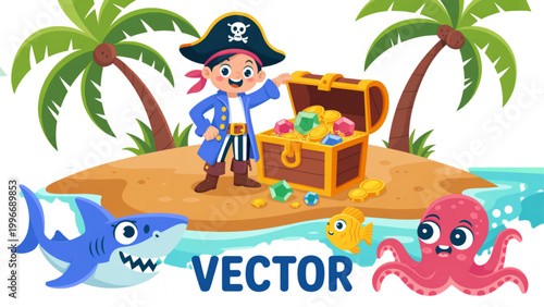 Cartoon pirate with treasure chest and palm trees on a sunny beach Vector