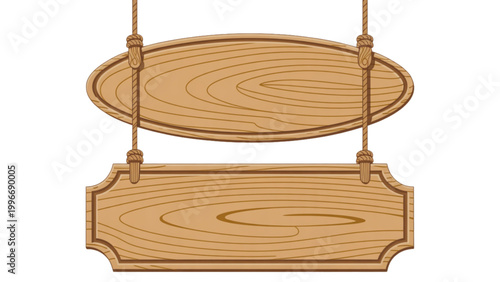 Two wooden planks hanging from a rustic rope sling in an outdoor setting Vector