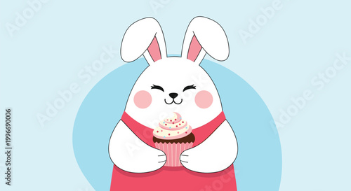 Sweet white bunny with pink cheeks wears a red dress and happily holds a delicious cupcake with sprinkles against a light blue background.