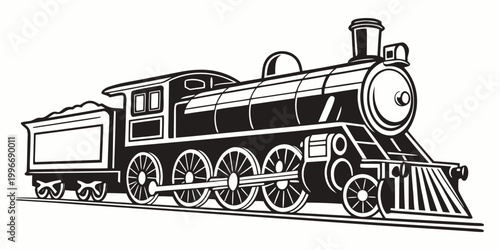 Foto Detailed black and white vector graphic of a vintage steam engine train with ste
