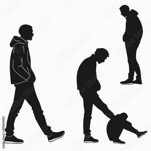 Cuadro en lienzo Black and white silhouette set showing silhouettes of sad and lonely young men w