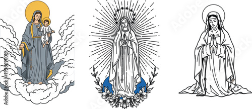 Fotografía Sacred Virgin Mary Illustrations with Detailed Line Art and Religious Iconograph