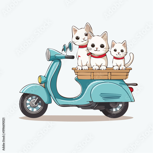Three White Cats Riding on a Teal Scooter
