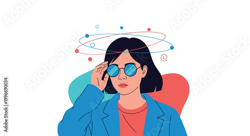 Woman wearing blue sunglasses looks overwhelmed as colorful circles and spirals spin around her head indicating dizziness or confusion.