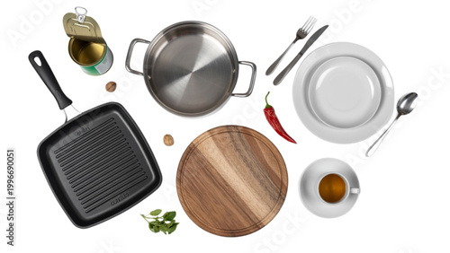 Assorted stainless steel cookware set on a wooden surface Vector