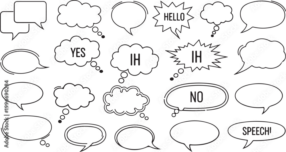Fototapeta premium Colorful hand drawn scribble speech bubbles and thought clouds vector set with crayon texture sketch style for creative communication and social media design