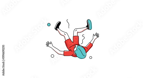 Cartoon person in a red outfit is shown falling through the air in a state of freefall with small decorative circles and lines around them.