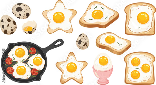 Creative Illustration of Fried Eggs in Different Styles, Toast, Eggs in a Pan, and Quail Eggs for Food, Breakfast, and Recipe Designs