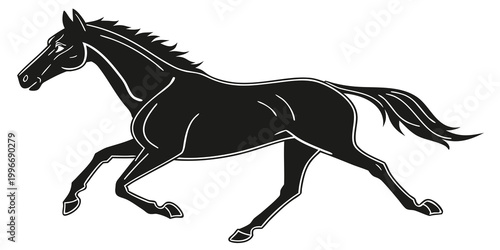 Photos Minimalist black and white vector illustration of a galloping horse with gallopi