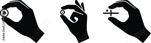 Hand holding various abstract icons and symbols vector conceptual illustration. Minimalist silhouette hand gesture pinching three distinct abstract icon. Selection, precision and digital interaction.