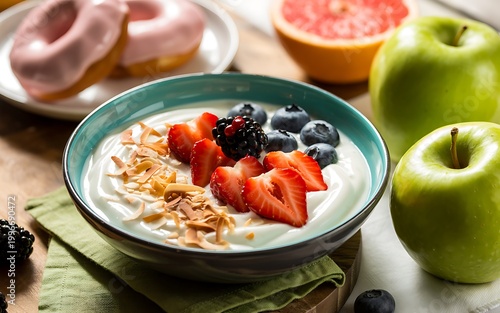 Yogurt Bowl With Fresh Fruit, Toasted Coconut And A Green Napkin, A Healthy Breakfast