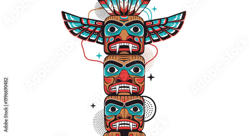 Traditional Northwest Coast style totem pole features three stacked animal faces with bright colors like teal and red on a white background.