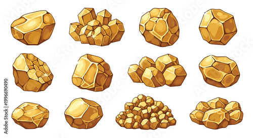 Diverse collection of gold nuggets and ore rocks in various sizes and shapes are shown in a detailed pixel art style on a white background.
