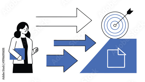Businesswoman Aiming for Success with Target Board and Progress Arrows for Strategic Goal Achievement abstract concept vector illustrations, black and blue vector art