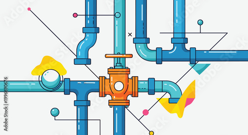 Abstract industrial pipe network illustration with blue tubes and an orange valve wheel against a light grey background.