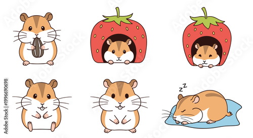 Collection of cute hamster character illustrations showing different activities like eating sunflower seeds and sleeping in a strawberry house.