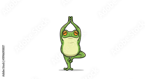 Cute green frog practicing the tree yoga pose with its hands joined above its head in a serene meditative state.