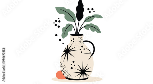 Stylized modern ceramic vase with star and dot patterns holding green leaves and dried plants on a neutral background.