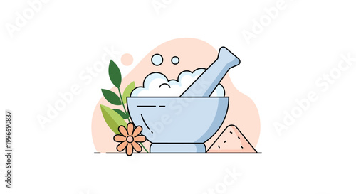 Flat illustration of a mortar and pestle filled with white foam next to green leaves and a flower for natural beauty products.