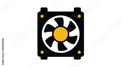 Flat vector icon of a black computer cooling fan with a yellow center used for electronics and hardware maintenance.