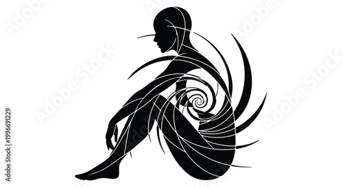 Silhouette of a person in deep thought, surrounded by swirling abstract patterns symbolizing introspection.