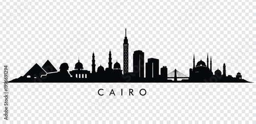 Black silhouette of cairo city skyline with famous landmarks and pyramids