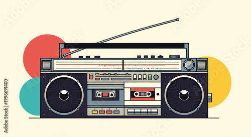 Vintage retro boombox cassette player is illustrated with colorful abstract circles in the background for a nostalgic musical theme.