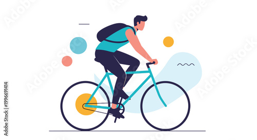 Man rides a bicycle with a backpack among colorful geometric shapes in a modern and active lifestyle flat design illustration.