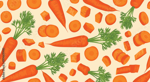 Seamless pattern features an abundance of whole carrots and chopped slices with green tops over a warm cream colored background.