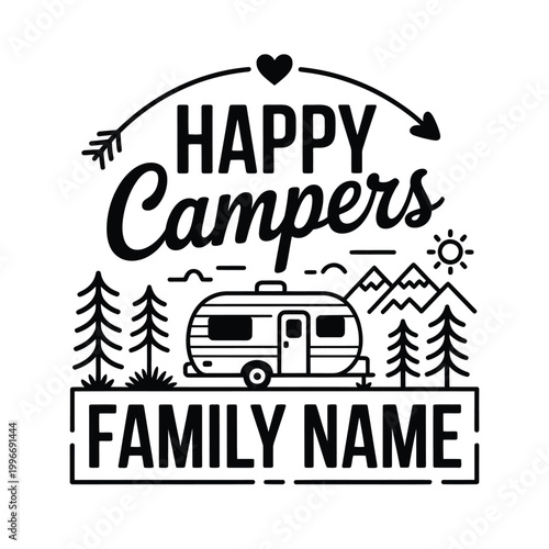 happy campers family name logo with camper trailer and trees