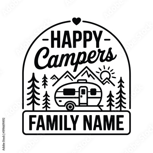 happy campers family name badge with camper mountains trees and sun