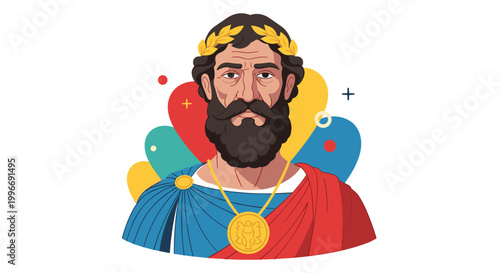 Regal illustration of a roman emperor wearing a laurel wreath and a colorful toga against a backdrop of abstract circular shapes.